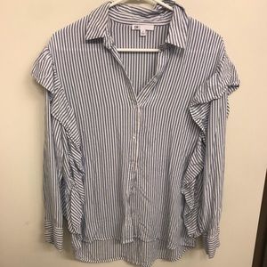Blue &white stripped button up, with ruffle detail
